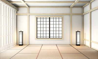 ryokan房间空禅意非常日本风格榻榻米地板。三维渲染
