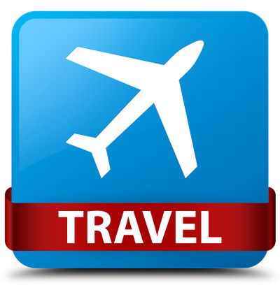 旅行(飞机图标)青蓝方形按钮红丝带在中间