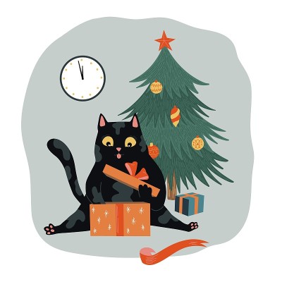 矢量卡通黑猫打开礼物。有趣的新年和圣诞节插图