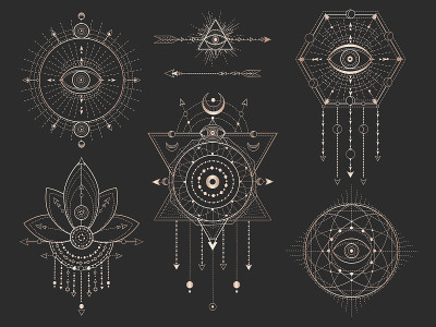 向量集神圣的几何符号和数字在黑色的背景。黄金抽象神秘符号收藏。