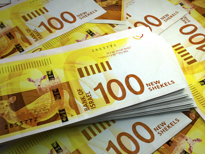 以色列的钞票。Israelinew平账单。盲降100舍客勒。商业、金融背景。
