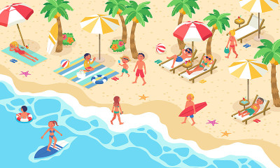 矢量插图(等距)的生活风景，许多人在夏天来海边