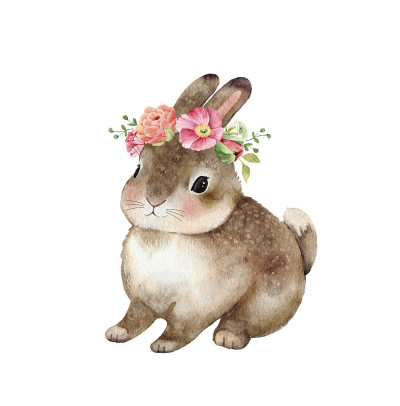 可爱的棕色兔子头上戴着花环，手绘水彩画。