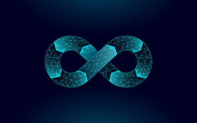 Devops软件开发操作无限符号。程序员管理系统生命周期质量。编码构建测试发布监控。在线自由职业者矢