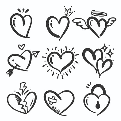 Hand drawn line drawing heart shaped stick wings e