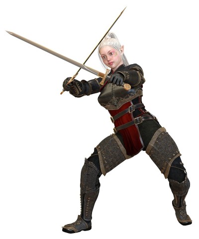 女精灵战士与剑孤立的白色背景3D插图