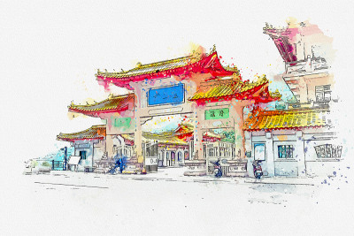 台湾基隆耶芬名刹金山寺水彩画。