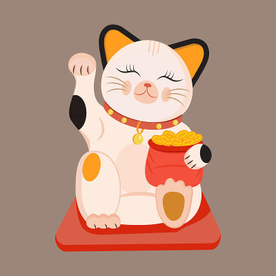 在棕色背景上孤立的Maneki neko向量。日本传统文化中的幸运猫。扁平风格的护身符或吉祥物象征。