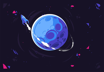 矢量插图的飞行火箭绕着一个行星，留下一个白色的痕迹后，空间主题