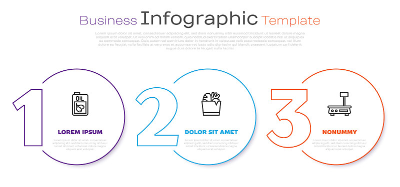 成套橄榄油瓶，购物袋，食品，电子秤。业务信息模板。向量