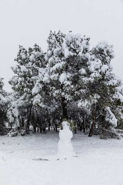 马德里街道上的雪人被雪覆盖，这是由于2021年1月的菲洛梅娜风暴造成的