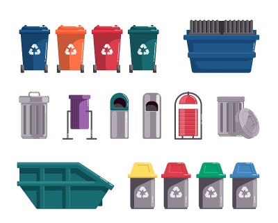 Waste dumpster and wheelie trash bin isolated on w