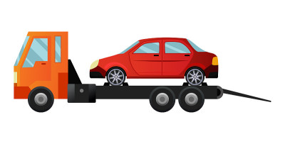 拖车。很酷的带着破车的拖车。道路汽车维修服务援助车辆与损坏或抢救的汽车