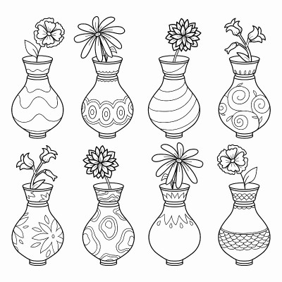 着色书(花瓶与花)，向量无色集