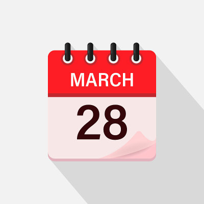 3月28日，日历图标带有阴影。日、月。平面向量插图。
