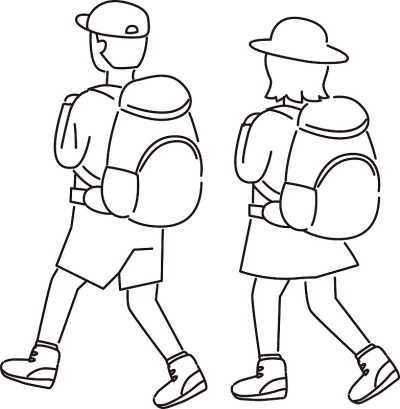 登山男女双人组(向后)画线，背着背包行走