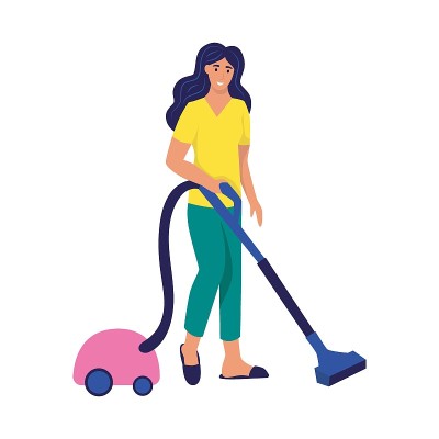 一个年轻的女人在用吸尘器。平面向量插图