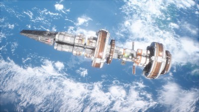 未来的太空空间站飞过地球上空。这张照片是用来做奇异的、未来主义的或太空旅行的背景。3 d渲染。宇宙飞