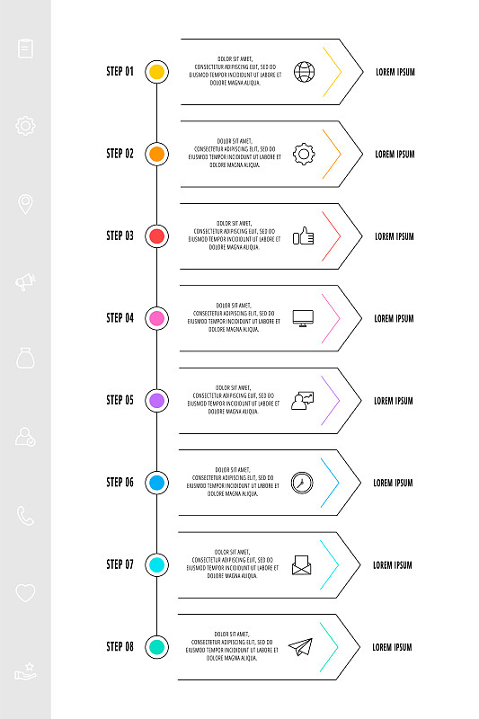 带有八个步骤的信息图箭头，图标。行向量模板。预览效果