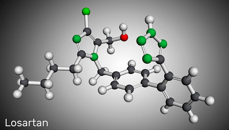 洛沙坦的分子。它是一种药物，用于治疗高血压，糖尿病肾病，心力衰竭。分子模型。三维渲染