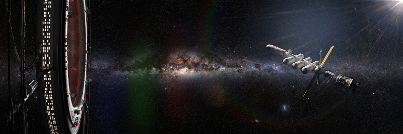 巨大的空间站，外太空未来主义的栖息地，被一艘宇宙飞船接近