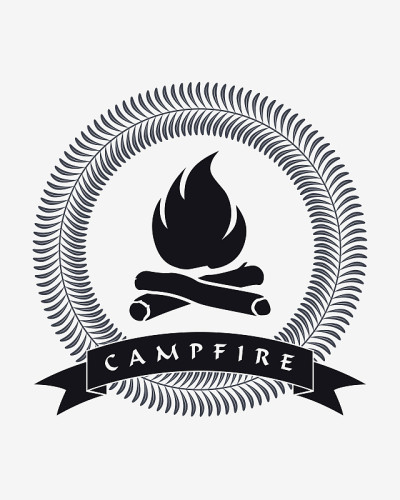 露营的标志。篝火轮廓。篝火。你的文本或口号的带Copyspace区域的丝带。商标或纹身