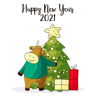 2021年新年快乐儿童插图。中国新年2021年是牛年