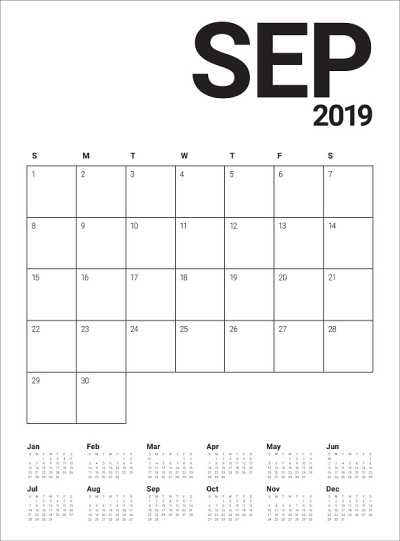 2019年9月台历矢量插图