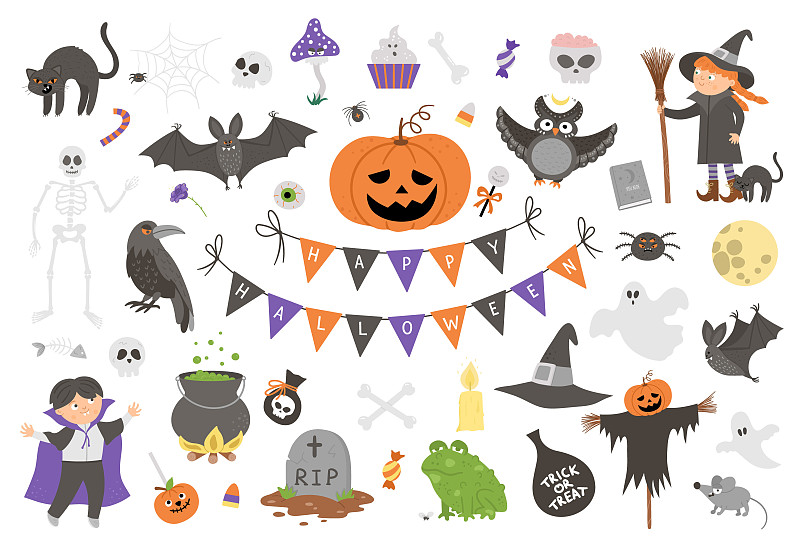 Big set of vector Halloween elements. Traditional 