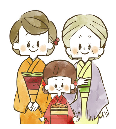 穿着日本和服的三代妇女家庭