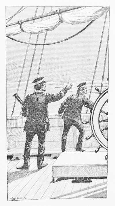 在海上，海军军官在瞭望。插图取自1894年法国航海故事书
