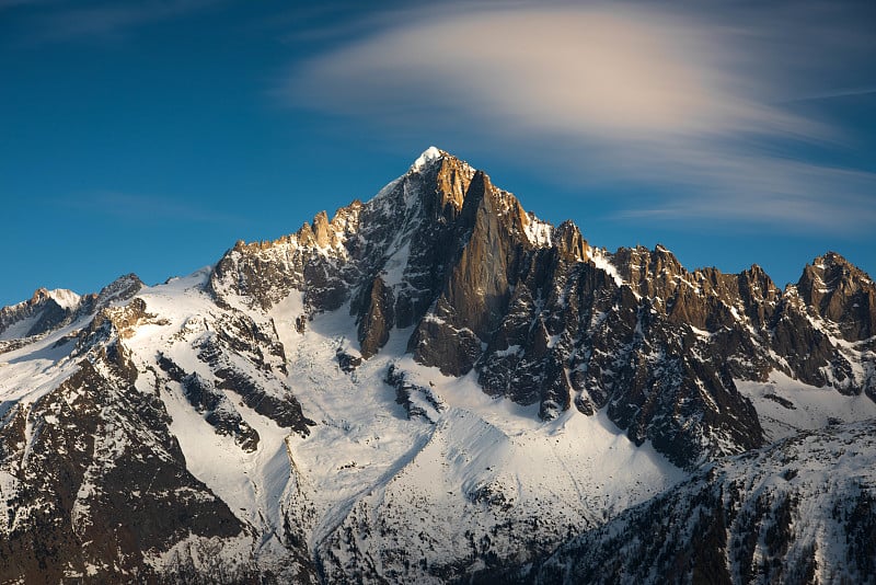 日落时分的夏蒙尼针(Aiguille du Plan和Dent du Crocodile)。