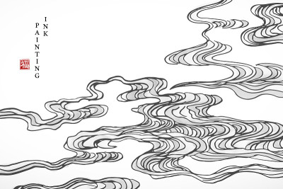 水彩水墨艺术矢量纹理插画东方螺旋曲线云背景。中文的意思是:祝福