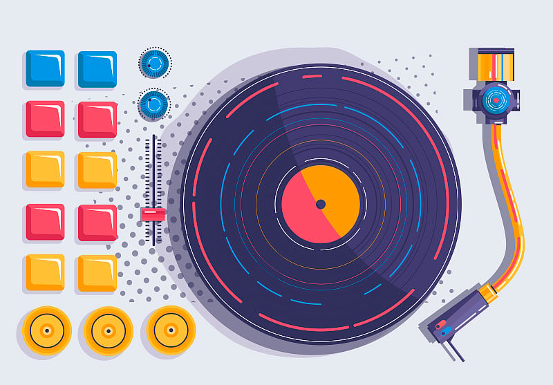 在流行艺术风格的黑胶唱片播放器的详细矢量插图俯视图按钮和调整音乐的声音