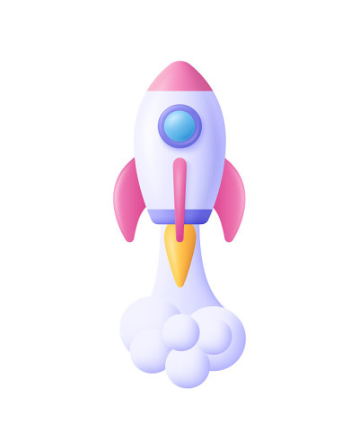 3d卡通风格的最小太空船火箭图标。玩具火箭上升，喷出烟雾。创业，空间，经营理念。