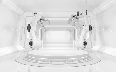 空舞台和机械手臂，3d渲染。