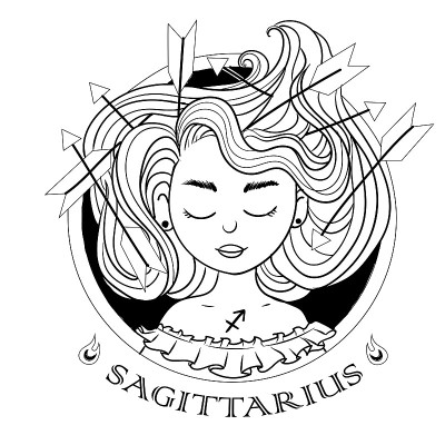 射手座的星座。占星黑白图标。一组不同发型的漂亮女孩。天文学。矢量插图孤立的白色背景。