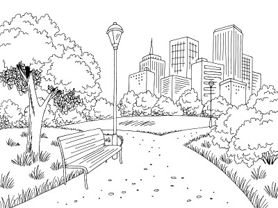 公园图形黑白城市景观素描插图矢量