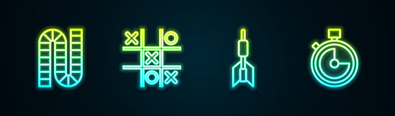 设置线棋盘游戏，Tic tac toe，飞镖箭和秒表。发光的霓虹灯图标。向量