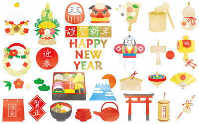 日本元旦水彩画风格插图集