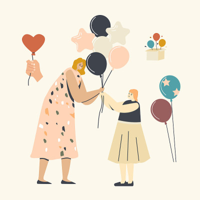 生日庆典,童年。女人给小女孩，女性角色，母亲或动画师问候孩子