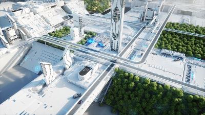 未来的城市,城镇。未来的概念。鸟瞰图。3 d渲染。