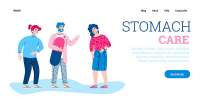 Stomach care website template with cartoon people,