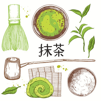 日本民族和民族茶道。抹茶。传统的喝茶时间。设计中的装饰元素。矢量插图与政党符号在白色的背景。