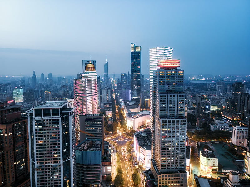 航拍南京新街口城市建筑夜景