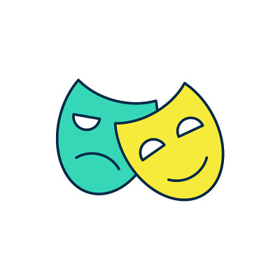 填充轮廓喜剧和悲剧的戏剧面具图标孤立在白色背景。向量