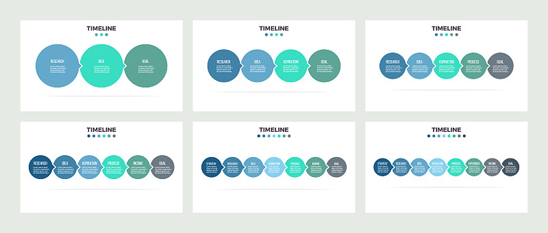 业务信息图。过程有3、4、5、6、7、8个步骤，选项，圆圈。向量模板。