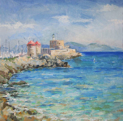 罗德岛风景和海岸，油画