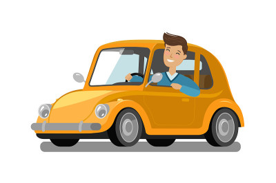 快乐的男司机开车。驾驶，旅行，出租车概念。卡通矢量图