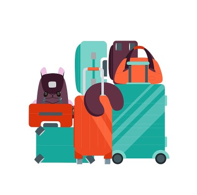 一套带颈枕的胶合板。行李收集与旅游概念。矢量插图。